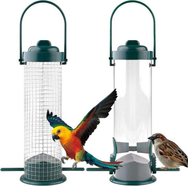 2 Pieces Bird Feeders Metal Wild Bird Feeding Hanging Bird Feeder for Small Birds 2 Ports Bird Feeders with Stand Mixed Seed Feeder with Hanger Peanut Feeder Weatherproof for Garden Outdoor Yard