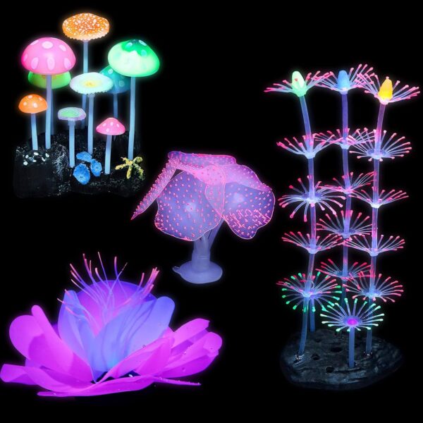 CCCYMM 4 Pack Glowing Fish Tank Decorations Plants, Glow Aquarium Decorations, Glowing Mushroom Coral Plant Ornaments