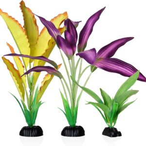 Emotionlite Aquarium Plants, Artificial Fish Tank Silk Decorations Decor Plants Set Purple & Yellow 3 Packs