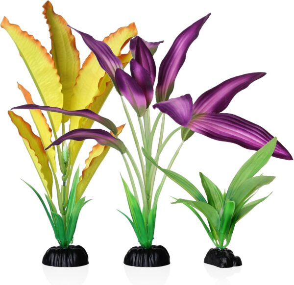 Emotionlite Aquarium Plants, Artificial Fish Tank Silk Decorations Decor Plants Set Purple & Yellow 3 Packs