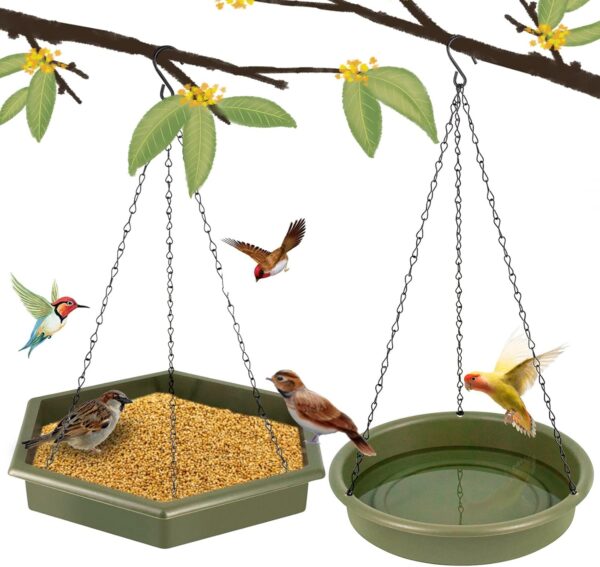 Hanging Bird Bath Bird Feeders, 2 in 1 XL Hanging Bird Feeder & Bird Baths for Outdoors, Wild Bird Feeders Hanging Bird Feeder Tray (Military Green)