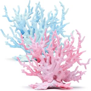 JJYHEHOT Aquarium Coral Decoration 2 Pcs Artificial Simulation Coral Reef Resin Underwater Marine Plants Ornament for Fish Tank Landscaping (Pink, Blue)