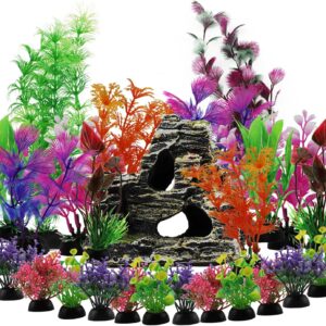 QUOZUO 25pcs Aquarium Decorations Plants with Rockery View, Aquarium Decor Plastic Plants and Rock Cave Hideout Ornaments, Fish Tank Accessories Plants for aquariums