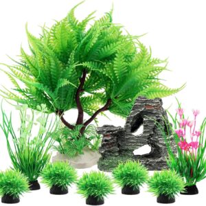 QUOZUO 9pcs Fish Tank Decorations Plants with Rockery view, Green Aquarium Plants Plastic and Aquarium Mountain Reef Rock Cave Resin Fish Tank Ornament Decoration