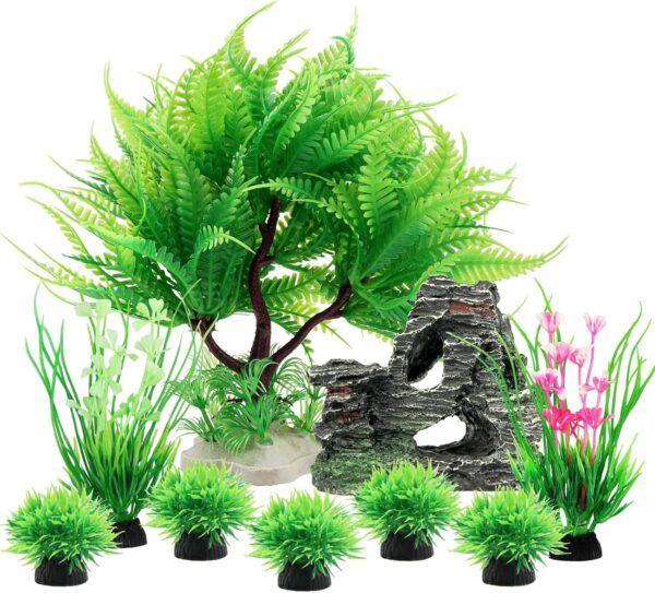 QUOZUO 9pcs Fish Tank Decorations Plants with Rockery view, Green Aquarium Plants Plastic and Aquarium Mountain Reef Rock Cave Resin Fish Tank Ornament Decoration