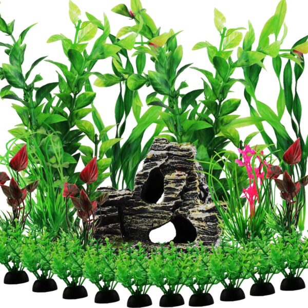 QUOZUO Fish Tank Accessories Aquarium Decorations Plants, 20pcs Green Fish Tank Decorations Plastic Plants and Cave Rock Decoration Decor Set, Aquarium Decor Plants