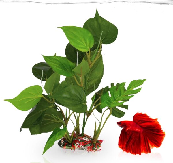 SunGrow Plastic Leaf Plant for Freshwater or Marine Tanks, 10 Inches Tall, Ultra-Realistic Fake Plant, Blunt Leaf Edges Protect Fish Fins, Hiding Spot for Fish, Reptiles, Amphibians