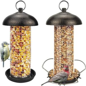 Urban Deco Hanging Bird Seed Feeders Set Metal Tube Mixed Seed Feeder Peanut Sunflower Seed Feeder with Hanger for Garden Outside Great for Attracting Wild Birds (Coffee-2 Pack)