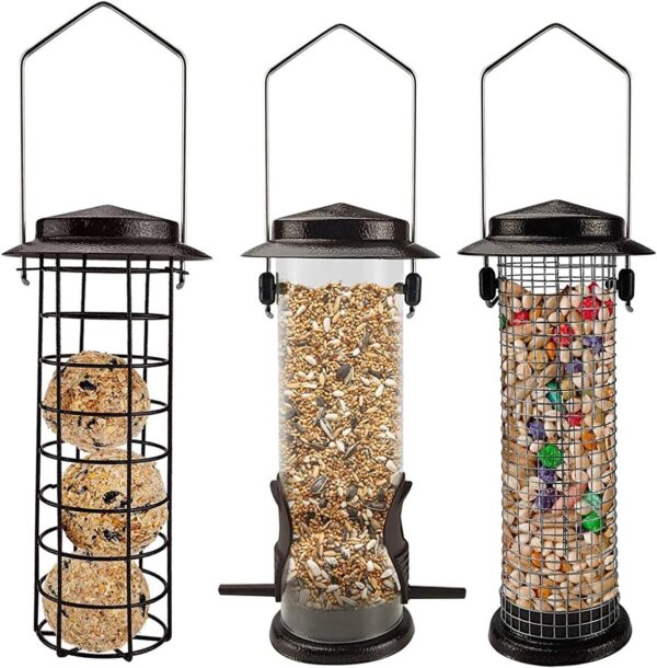 Urban Deco Metal Bird Feeders Hanging Station Fat Ball Bird Feeder Mesh Squirrel Feeder With Steel Hook Bird Seed Feeder - Weather Proof See Through Bird Feeder For Small Birds - Coffee - Pack Of 3