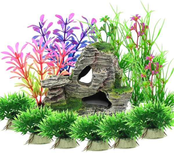 Vibury Aquarium Decoration Plants with Rockery View, 13pcs Green Aquarium Plants Plastic and Aquarium Mountain Reef Rock Cave Resin Fish Tank Ornament Decoration