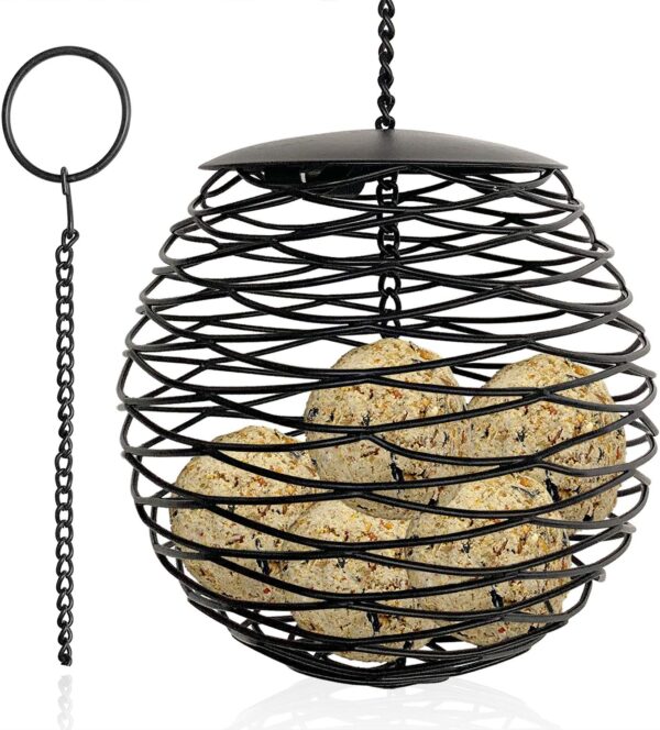 Zeqeey Fat Ball Birds Feeder Large Capacity Hanging Wild Bird Holder for Finch Cardinal Woodpecker Sparrow Robin, Diameter 13cm, Metal, Black