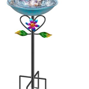 MeyRolizn Metal Bird Bath for Outside, Freestanding Birdbath with 5 Prongs Base Stake,Vintage Birdfeeder Bowl for Outdoors Garden Yard Patio Decor (Blue)