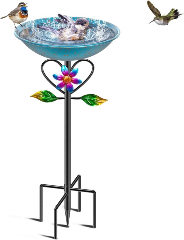 MeyRolizn Metal Bird Bath for Outside, Freestanding Birdbath with 5 Prongs Base Stake,Vintage Birdfeeder Bowl for Outdoors Garden Yard Patio Decor (Blue)