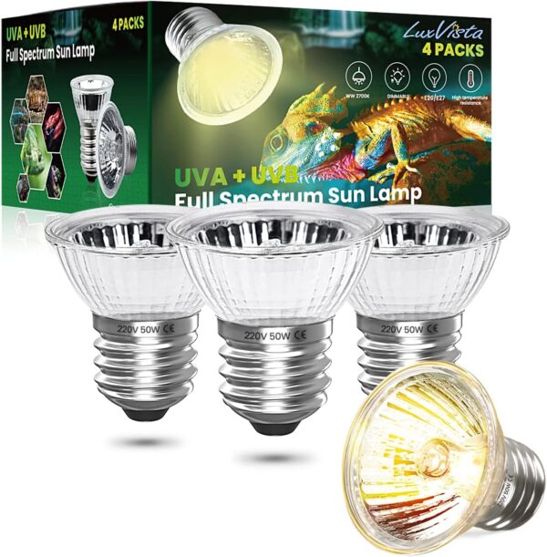 Luxvista E27 50W Reptile Heating Light Bulb, UVA UVB Full Spectrum Sun Lamp for Lizard Tortoise Spider Snake, 4 Pack