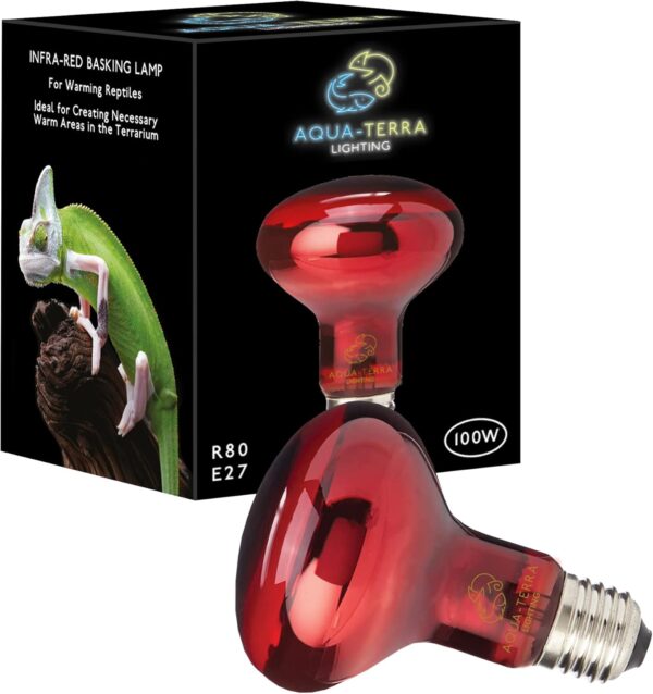 Aqua-Terra Lighting 100w Infrared Basking Heat Lamp for Reptiles, Amphibians and Invertebrates– R80 Spotlight Bulb with E27 Standard Screw Base Suitable for Vivarium Heating