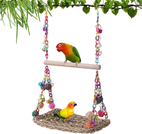 TeTupGa Bird Swing Toys with Wood Perch, Seagrass Woven Parrot Platform Bird Climbing Hanging Hammock Bird Perch Stand Chewing Toy for Parakeets,Budgie, Conure, Cockatiel,Lovebird