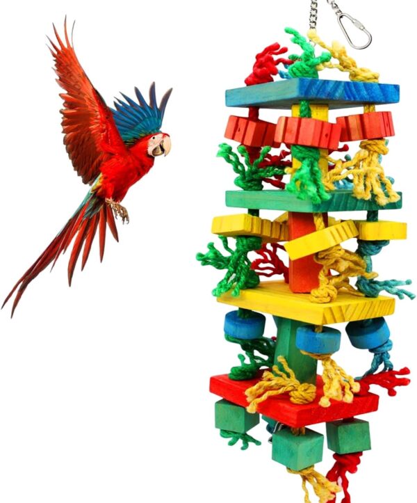 MQUPIN Chewing Large Parrot Toys,Bird Toys for Cockatoos African Grey Macaws and Amazon Parrots, Multicolored Natural Wooden Block Toy for Climbing, Chewing, Unraveling and Preening(21.3" X 5.1")