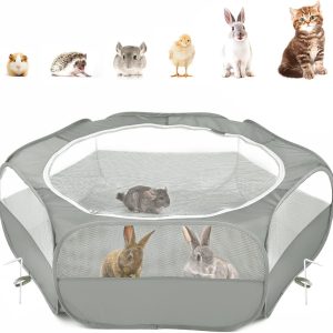 Pawaboo Small Animals Playpen, Breathable & Waterproof Small Pet Cage Tent with Zippered Cover, Portable Outdoor Yard Fence for Kitten/Puppy/Guinea Pig/Rabbits/Hamster/Chinchillas, Gray