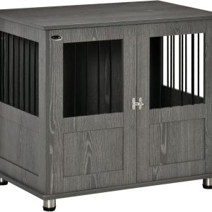 PawHut Dog Crate Furniture End Table, Pet Kennel for Small and Medium Dogs with Magnetic Door Indoor Animal Cage, Grey, 85 x 55 x 75 cm