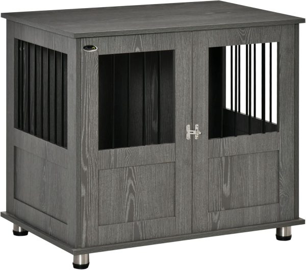 PawHut Dog Crate Furniture End Table, Pet Kennel for Small and Medium Dogs with Magnetic Door Indoor Animal Cage, Grey, 85 x 55 x 75 cm