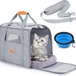 Morpilot Cat Carrier, Airline Approved Pet Carrier, Portable Dog Bag Carrier, Breathable Small Pet Carrier Travel Cage with Adjustable Shoulder Strap and Pet Bowl Light Grey