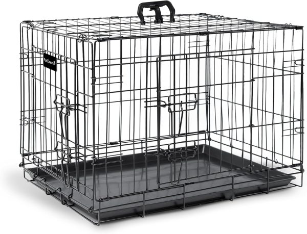 Furdreams 24-Inch Dog Cage Crate – Heavy Duty Black Metal Folding Crate with 2 Doors (Front & Side), Chew-Resistant Plastic Base Tray, and Carrier Handle – Ideal for Puppy Training (60 x 45 x 50cm)