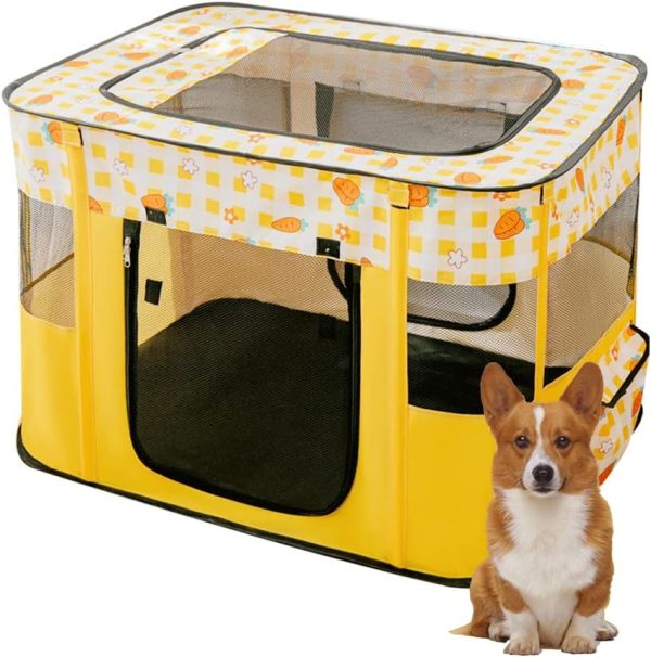 Foldable Pet Playpen Portable Kennel Cage for Puppy Dog Kitten Cat, Indoor/Outdoor Pop up Pet Tent Fence (M,Yellow)