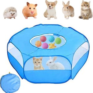 Small Animal Playpen,Waterproof Foldable Small Pet Cage Tent Portable Outdoor Exercise Yard Fence with Top Cover Anti Escape Yard Fence for Kitten/Cat/RabbitsHamster/Guinea Pig/Chinchillas (Blue)