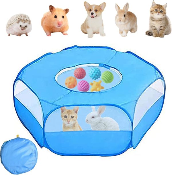 Small Animal Playpen,Waterproof Foldable Small Pet Cage Tent Portable Outdoor Exercise Yard Fence with Top Cover Anti Escape Yard Fence for Kitten/Cat/RabbitsHamster/Guinea Pig/Chinchillas (Blue)