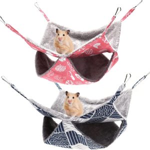 olyee 2 Pack Rat Hammocks for Cage, Double-Layer Hanging Bed for Small Animals Guinea Pig Cage Accessories Bedding, Warm Hammock for Parrot Ferret Squirrel Hamster Rat Playing Sleeping(Pink+Navy)