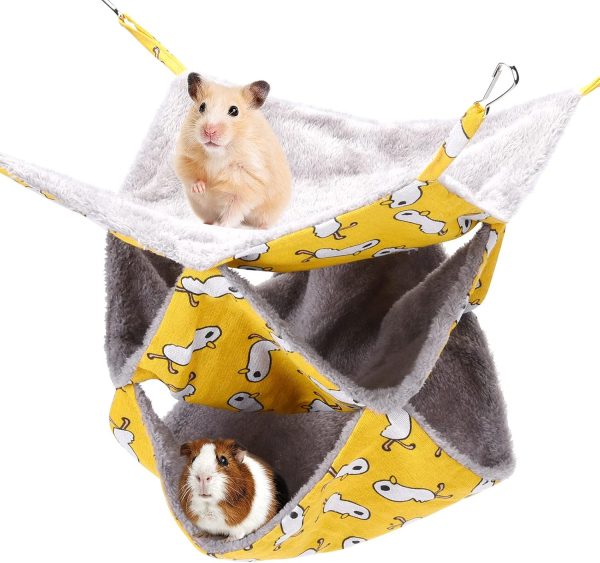 olyee Rat Hammocks for Cage,Triple Hanging Ferret Hammock Beds for Small Animals Guinea Pig Cage Accessories Bedding,Warm Hammock for Parrot Squirrel Hamster Rats Playing Sleeping(Yellow)