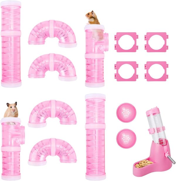 RETON 2 Set Hamster Tubes, DIY Hamster Tunnel Adventure External Pipe with 1 Hamster Water Bottle, 4 Pipe Connection Plates, 2 Hamster Cage Tube Stopper, Hamster Cage Accessories for Small Pet Sports