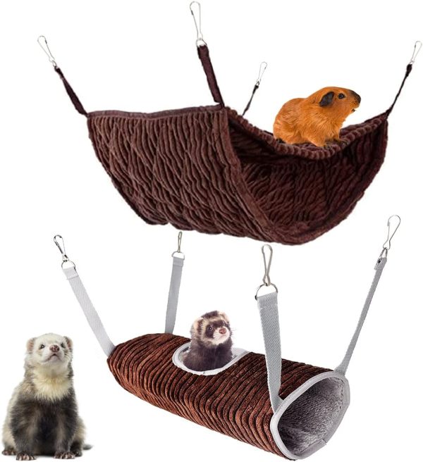 Small Animal Hammock, Ferret Hammock Bed, Hammock and Tunnel Cage Suit for Rat,Hamster, Squirrel, Sugar Glider, Guinea Pigs Ferret Accessories,Hanging Hideout Tunnel Tube Toy for Cage (Coffee)