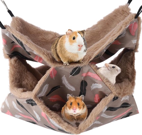 AUXSOUL Rat Hammocks for Cage, 3 Layer Pet Hammock, Soft Hamster Bed, Warm Chinchilla Hanging House, Plush Sugar Glider Cage, Small Animal Beds for Playing Sleeping (Brown)