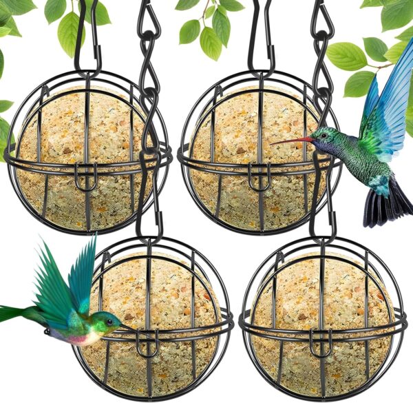 4 Pcs Fat Ball Bird Feeders, Hanging Bird Feeder Spherical, Metal Fat Ball Bird Feeder Holder with 4 S-Shaped Hooks, Fat Ball Feeder for Outdoor Garden Wildlife Birds Finch Sparrow Robin (Black)