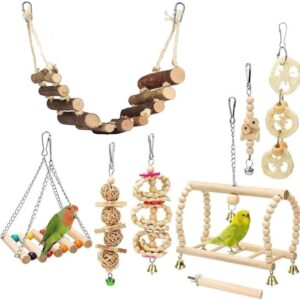 8 Pcs Bird Toys, Wooden Bird Cage Budgie, Parrot Bird Chewing Natural Wood Hanging Swing and Jumping Budgie Accessories