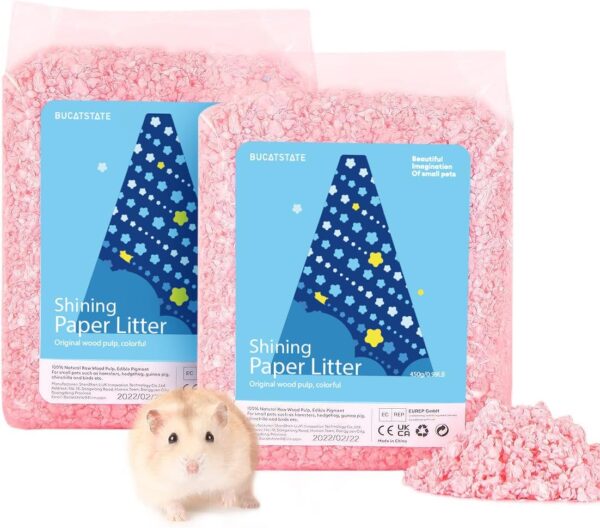 BUCATSTATE Hamster Paper Bedding, 2LBS/900g Dust-Free and Odor Control Paper Litter for Syrian Dwarf Hamsters Gerbils Mice Lemming Degus Reptile Birds (Pink)