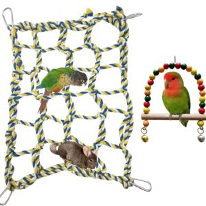 DKDDSSSS 2 Pcs Colorful Woven Climbing Net Kit,Pet Toys Hanging Climbing Swing Net,With One Bird Swings Stand,for Bird, Parrot, Small Animal, Hamster, Squirrel, Chinchillas(9.8 * 13.7 Inch,4 Hooks)