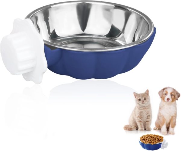 FuninCrea 2-in-1 Pet Crate Bowl for Crates & Cages Removable Crate Water Bowl Creative Cute Pumpkin Stainless Steel Pet Hanging Bowl Small Cage Dog Bowl for Puppies Cats Small Animals (Small, Blue)