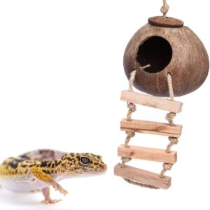 Gecko Coconut Husk Hut, Bird Hut Nesting House Hideouts with Ladder, Coco Texture Provide Food, Durable Cave Habitat with Hanging Loop for Leopard Gecko, Reptiles, Amphibians and Small Animals