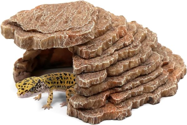 Gecko Hide Shale Scape Step Ledge, Reptile Cave Hideout Tank Accessories Decorations, Great for Reptiles, Amphibians, Leopard Gecko, Lizard, Frogs, Turtle (Small-7.3 * 4.4 * 3)