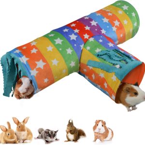 HOMEYA Guinea Pig Tunnel- Guinea Pig Hideout,Collapsible 3 Way Hamster Play Tubes with Fleece Forest Curtain,Small Animal Pet Toys and Cage Accessories for Rabbit Bunny Ferret Rat Hedgehog-L