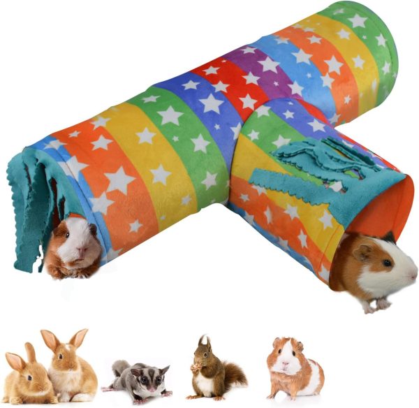 HOMEYA Guinea Pig Tunnel- Guinea Pig Hideout,Collapsible 3 Way Hamster Play Tubes with Fleece Forest Curtain,Small Animal Pet Toys and Cage Accessories for Rabbit Bunny Ferret Rat Hedgehog-L