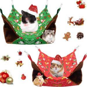 Hileyu 2PCS Small Pet Cage Hammock 2 Layer Hamster Hanging Bed Christmas Tree Snowman Rat Hammocks Guinea Pig Cage Accessories Rabbit Hamster Guinea Pig Rabbit Squirrel(Red and Green)