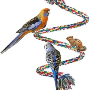 Parrot Perch, Spiral Colorful Budgie Toys Cotton Rope Cockatiel Toy Bird Swing Birdcage Perches Chewing Standing Hanging Perch with Bell (100CM)