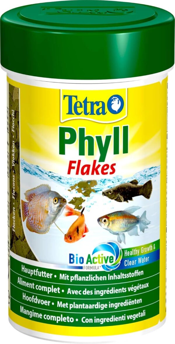 Tetra Phyll Flakes Fish Food for All Herbivorous Ornamental Fish, Flake Food with Essential Fibre, 100 ml Tin