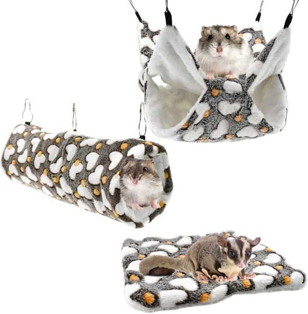 Vehomy 3Pcs Sugar Glider Hamster Hammock Hanging Tunnel & Warm Soft Mat Set Small Animals Hanging Hammock Cage Accessories Small Pet Hideout Bed for Squirrel Ferret Rat Chincilla Guinea Pig