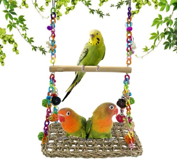 Vehomy Bird Seagrass Swing Toy with Wood Perch Bird Parrot Trapeze Swing Seagrass Bird Climbing Hammock Bird Perch Stand Chewing Toy for Lovebird, Cockatiel, Budgie, Conure Parrotlet, Parakeets