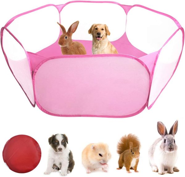 WEONE Small Animals Cage, Foldable Pet Playpen, Portable Hamster Playpen, Breathable Pet Cage Pen Tent, Pop-Up Outdoor Indoor Exercise Fence for Guinea Pig, Rabbits, Chinchillas, Hedgehogs, Rat -Pink