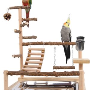 WishesMar Bird Playground Parrot Play Stand with Feeder Cup Swing Climb Ladder and Tray Budgie Playground Cage Exercise Gym Toys for Parakeets Cockatiel, Wooden, Size About 17.7x14.6x10.2 In #A